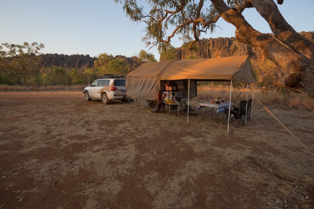 Off road camper trailer set up at Windjana Gorge in the Kimberley, Western Australia