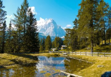 Blick über ein klares Gewässer das von Nadelbäumen gesäumt ist auf eine Bergspitze im Hintergrund bei blauem Himmel