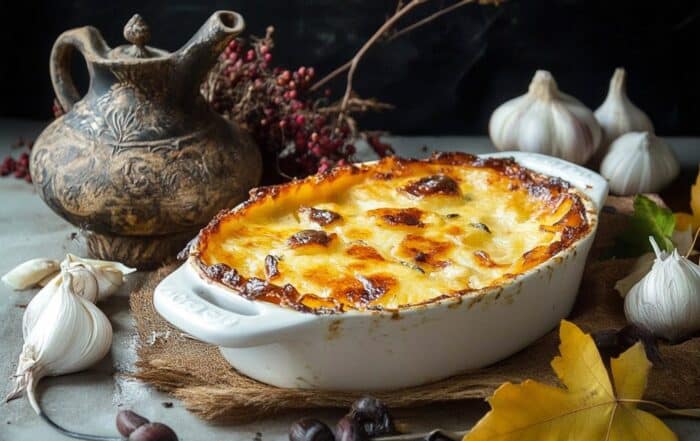 weiße Auflaufform mit knusprig gebackenem Kartoffelgratin auf Tisch im Hintergrund eine Tonvase, herbstliches Laub, Knoblauch und Sezuanpfefferstrauch