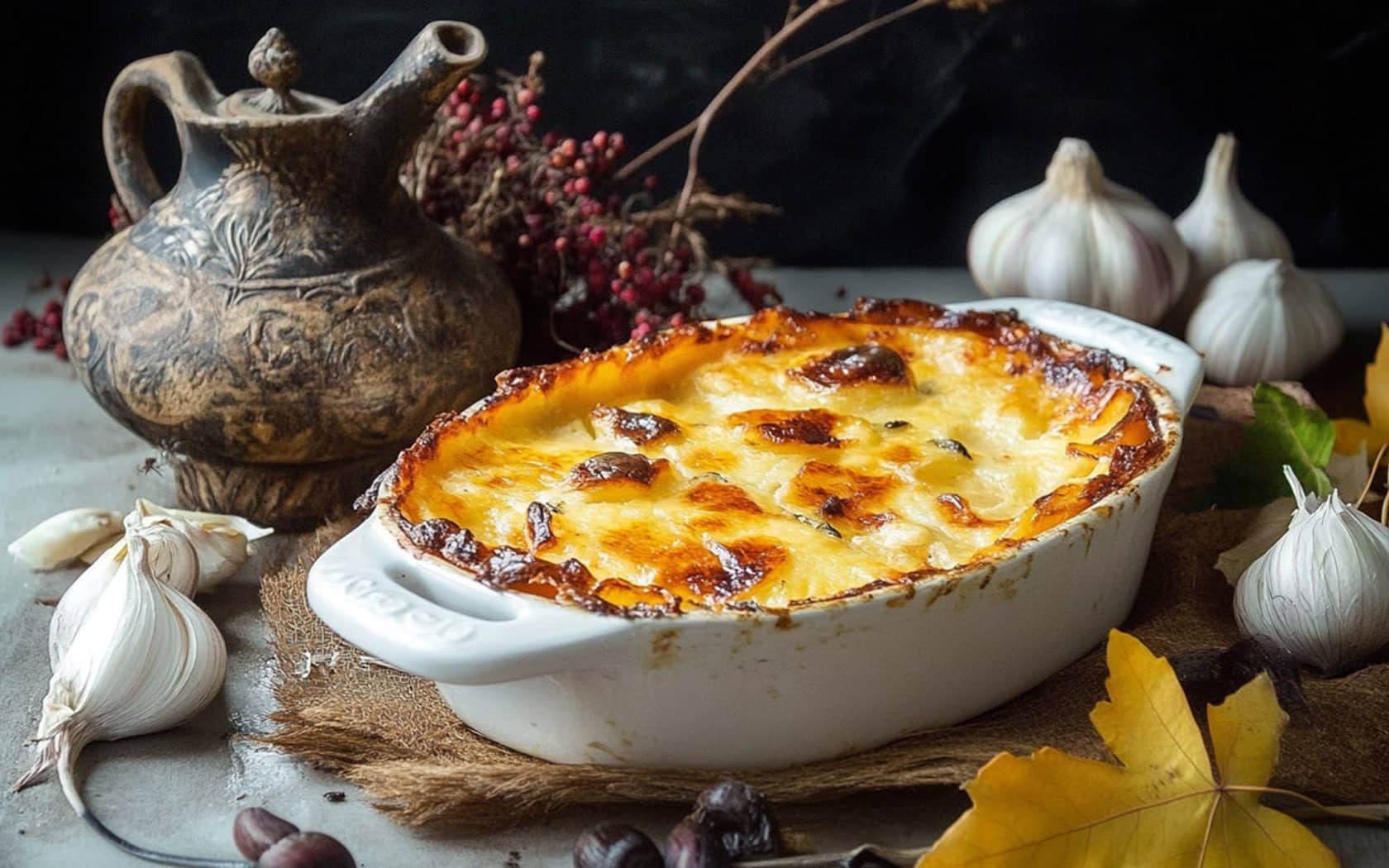 weiße Auflaufform mit knusprig gebackenem Kartoffelgratin auf Tisch im Hintergrund eine Tonvase, herbstliches Laub, Knoblauch und Sezuanpfefferstrauch