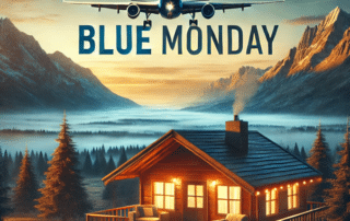 Flugzeug über gezeichneter Traumlandschaft mit Schriftzug Blue Monday unterhalb des Flugzeugs