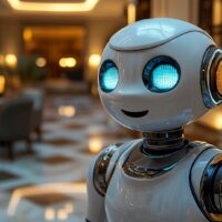 A robotic virtual receptionist with a glowing facial display in a stylish hotel lobby warmly interacts with guests, showcasing advanced automation in hospitality