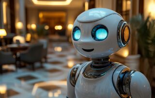 A robotic virtual receptionist with a glowing facial display in a stylish hotel lobby warmly interacts with guests, showcasing advanced automation in hospitality