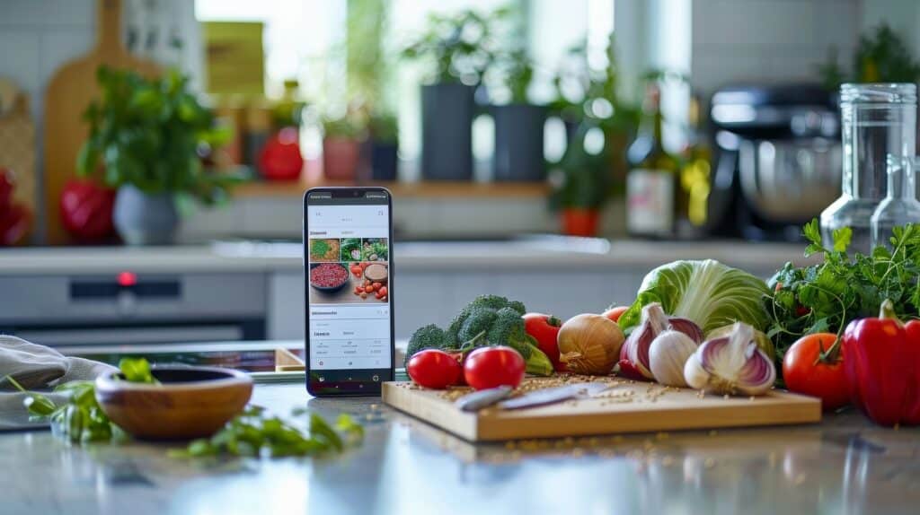 Mobile app für Nahrungsmittel und Ernährung auf einem Küchentisch mit Schneidebrett auf dem Tomaten, Knoblauch, Brokkoli und Kräuter liegen.