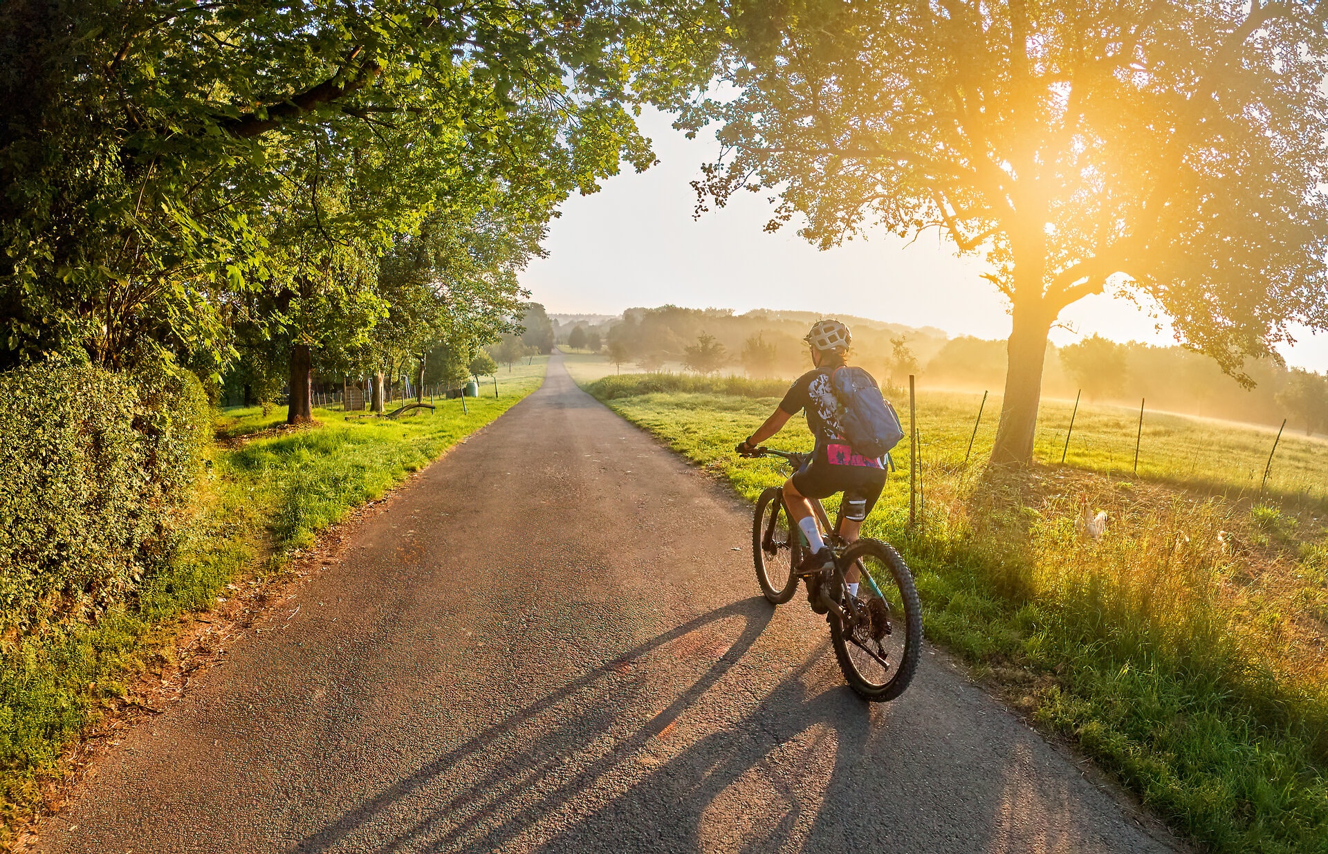 Radfahrerin auf idyllischem Weg im Spätsommer