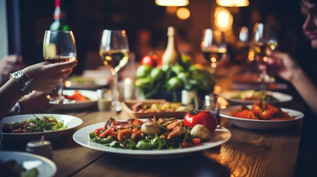 Holztisch Tisch mit gesundem italienischem Essen, Im Hintergrund um den Tisch Menschen.