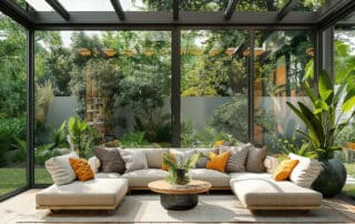 Großzügiger moderner Wintergarten mit Design-Loungemöbeln und bunten Kissen und hellem Holzboden