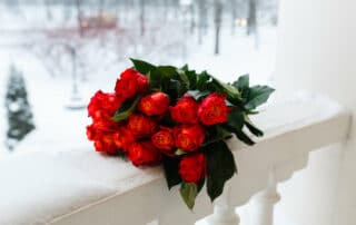 Strauß roter rosen auf einem schneebedeckten weißen Steingeländer vor verschneiter Landschaft