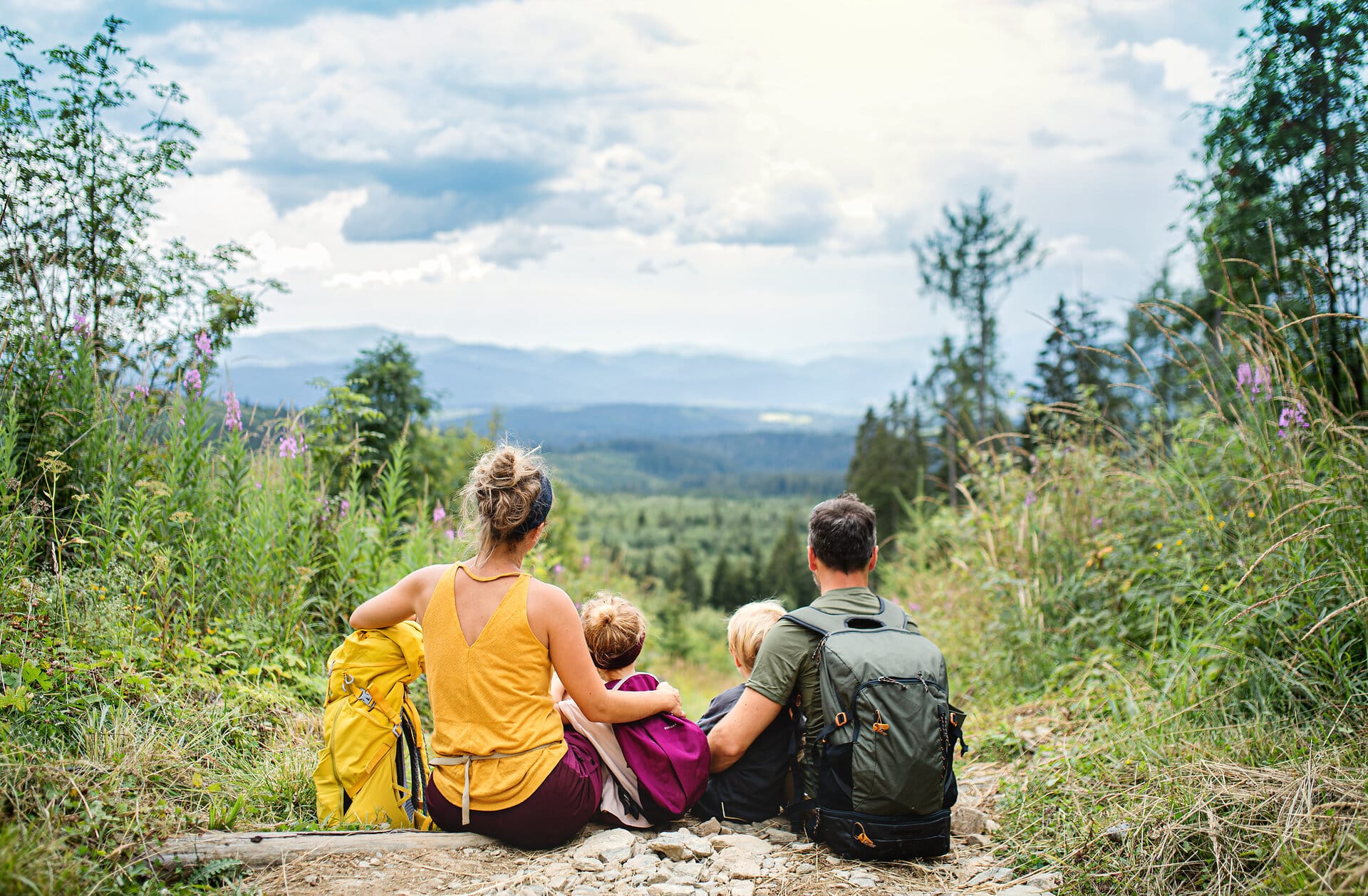 Familie mit 2 Kindern bei einer Wanderrast mit Ausblick in bergige Landschaft von hinten fotografiert.