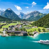 arial view of the landscape at the achensee lake in austria - pertisau