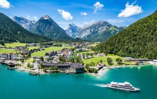 arial view of the landscape at the achensee lake in austria - pertisau